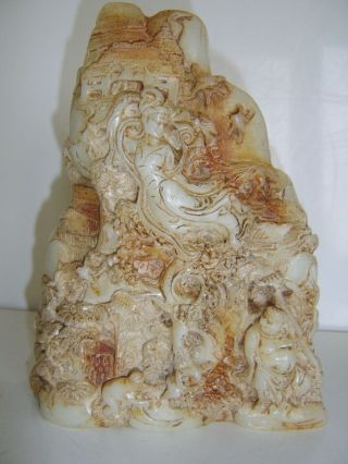 Magnificent Large Chinese Antique Jade Boulder Mountain Rock Guanyin And Figures