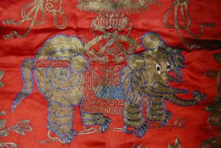 Antique Chinese Gold Metallic Couched Embroideries of Foo Dogs & Elephants 3