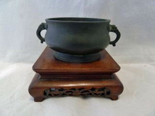 Chinese Bronze Censer - Signed And Wood Stand.  Qing / Republic