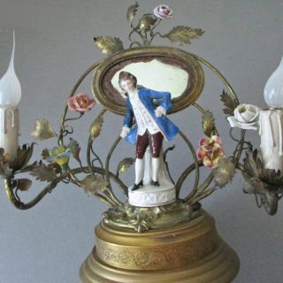 Antique French Boudoir Lamp Porcelain Figure,  Flowers Tole Metal Leaves Mirror