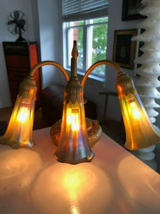 Authentic Tiffany Studios Lily Piano Lamp With Favrile Lily Shades