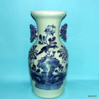 Chinese Export Porcelain Antique Celadon Blue White Phoenix Bird Vase