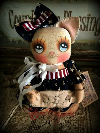 Primitive Folk Art Cat Doll Patriotic Independence Day July 4 Memorial Day