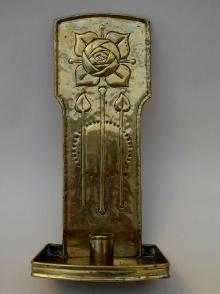 Good Scottish Arts & Crafts Glasgow School Rose Brass Candlestick Sconce 1900s