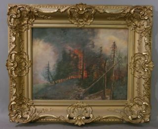 Antique Forest Old Wild Fire Fighting In Woods Oil Landscape Painting Gilt Frame