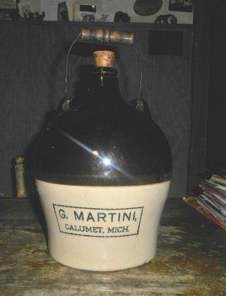 Antique G.  Martini,  Calumet,  Mich.  One Gallon Stoneware Wine Or Whiskey Jug Nr