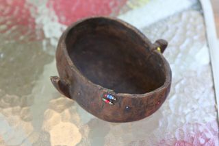 Antique Primitive American Carved Wooden Bowl Colored Trading Bead Repairs