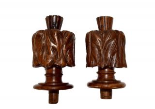 Antique French Carved And Turned Wood Curtain Rod Bed Newel Post Finials
