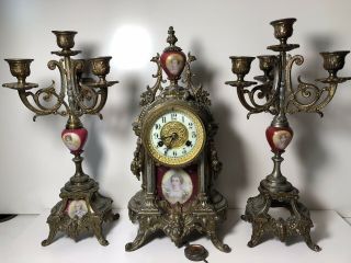 Antique Porcelain Face Clock By Waterbury Clock Co & 2 Matching Candelabras