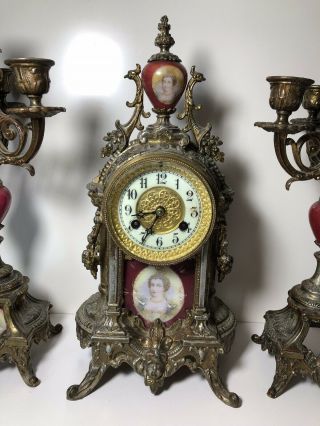 Antique Porcelain Face Clock by Waterbury Clock Co & 2 Matching Candelabras 2