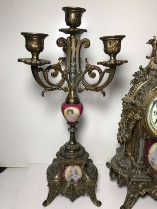 Antique Porcelain Face Clock by Waterbury Clock Co & 2 Matching Candelabras 4