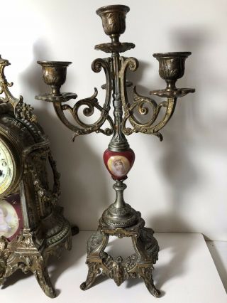 Antique Porcelain Face Clock by Waterbury Clock Co & 2 Matching Candelabras 5