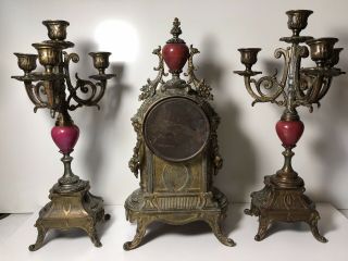 Antique Porcelain Face Clock by Waterbury Clock Co & 2 Matching Candelabras 6