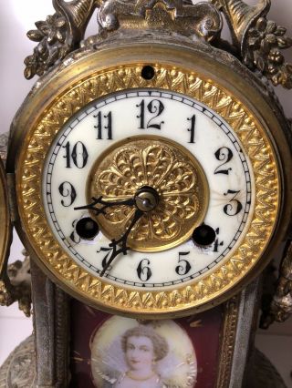 Antique Porcelain Face Clock by Waterbury Clock Co & 2 Matching Candelabras 8