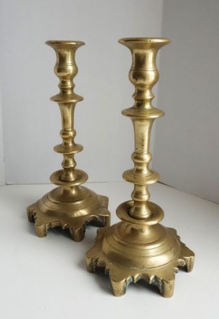 Antique 9 Lb Russian Brass Candlesticks Star Bases Judaica 11 1/4 " Tall