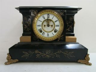 Antique Ansonia Mantle Clock Hand Wound Clock Black Coloring Gold Trim