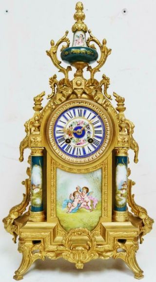 Antique French 8 Day Striking Gilt Metal & Green Sevres Mantel Clock