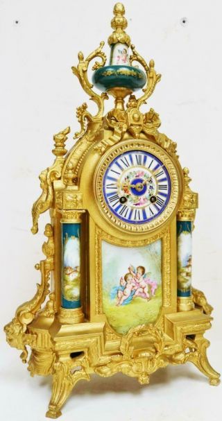 Antique French 8 Day Striking Gilt Metal & Green Sevres Mantel Clock 2
