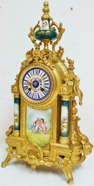 Antique French 8 Day Striking Gilt Metal & Green Sevres Mantel Clock 3