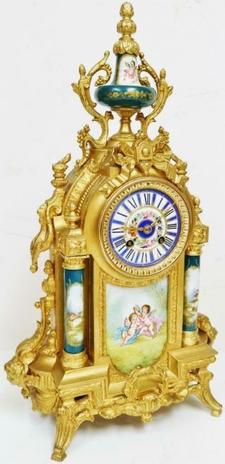 Antique French 8 Day Striking Gilt Metal & Green Sevres Mantel Clock 4