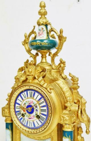 Antique French 8 Day Striking Gilt Metal & Green Sevres Mantel Clock 6