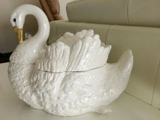 Vintage Mcm White Swan Soup Tureen With Ladle/italy/circa 1960 