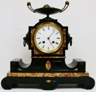 Antique French 8 Day Black Slate & Multi Coloured Marble Striking Mantel Clock