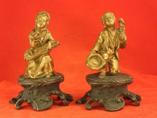 Antique Bronze Sculptures Boy & Girl - Continental Or French - Brass Finish