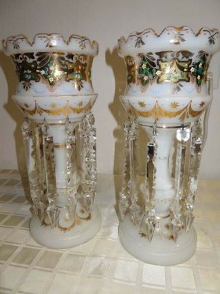 Pair 16 " Antique Victorian White Milk Glass Gold Gilt Painted Mantle Lusters