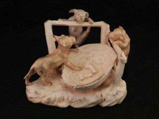 Antique Amphora Turn Teplitz Rstk Porcelain Figurine 3 Puppies Dogs & Basket Vgc