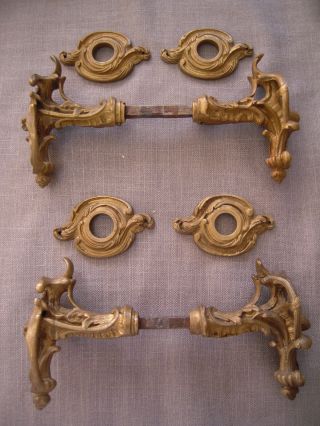 Antique Art Nouveau Brass Door Knob Set,  Bronze Handles