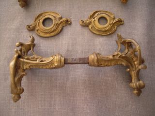 Antique Art Nouveau Brass Door Knob Set,  Bronze handles 3