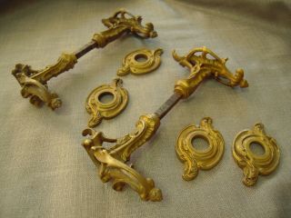 Antique Art Nouveau Brass Door Knob Set,  Bronze handles 4