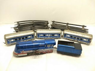 Vintage Hafner Railways Silver & Blue; Tin Litho Wind Up Train Set,  Track