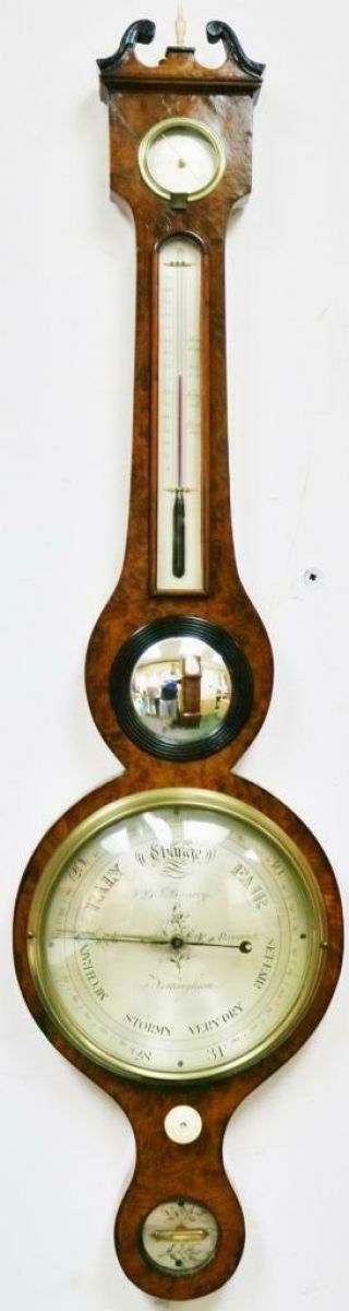 Fine Antique English Banjo Amboyna Wall Barometer,  Thermometer & Hydrometer