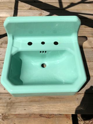 Vtg Mid Century Art Deco Jadeite Green Porcelain Old Cast Iron Bath Sink 46 - 19e