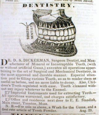 1845 Taunton Massachusetts Newspaper With A Large Illustrated Dentist Ad Teeth