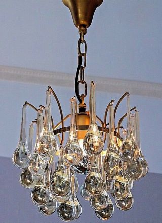 Precious Gilt Matt Brass Crystal Glass Tear Drop Chandelier by Chris.  Palme 70s 2