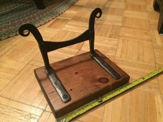 18th Century Hand Forged Iron Boot Scraper Mounted On Wood Plank Lg Size W Curls