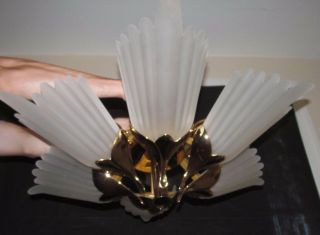 Vtg Brass Frosted Glass Slip Shade FABBIAN Italy Chandelier Mid Century Art Deco 2