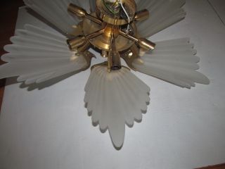 Vtg Brass Frosted Glass Slip Shade FABBIAN Italy Chandelier Mid Century Art Deco 7