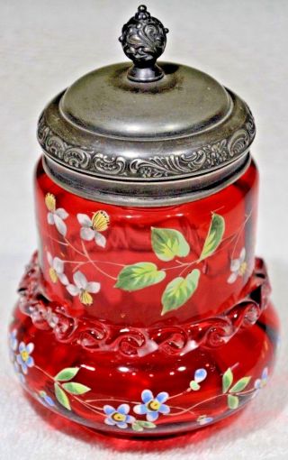 Antique Victorian Moser Enameled Cranberry Glass Pickle Jar W/ Silver Lid
