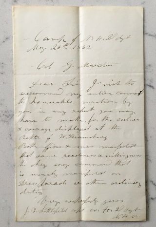 Civil War Endorsement Document Letter Battle Of Williamsburg Col Marston 1862