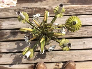 Vintage Tole Chandelier Italian Green with White Roses and Wheat,  All 5