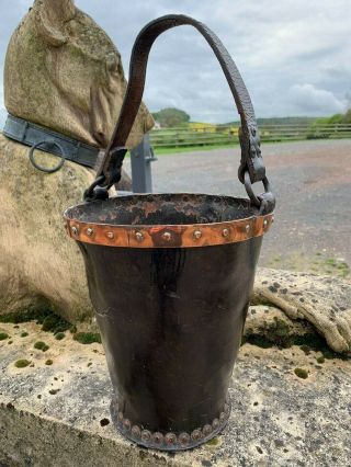 Stunning Rare Antique Early 19th Century Leather & Copper Fire Bucket Naval Army 2