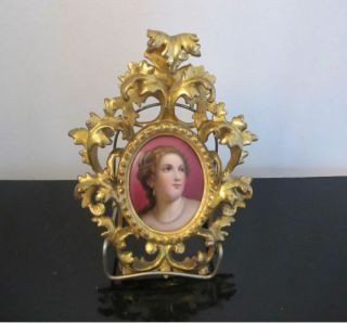 Victorian Miniature Hand Painted Portrait Of A Lady By Titian In Gold Gilt Frame