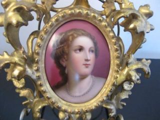 VICTORIAN Miniature Hand Painted Portrait of a Lady by TITIAN in Gold Gilt Frame 2