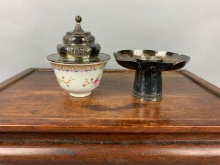 19th/20th C.  Two Chinese Famille - Rose Silver Cover Tea Cup And Silver Tazza