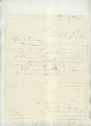 1864 Civil War Era Document Special Orders Re 30 Day Leave Lieutenant A A Day