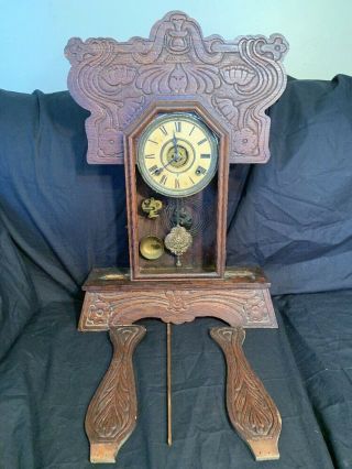 Antique Sessions Victorian Carved Oak Gingerbread Parlor Mantel Clock